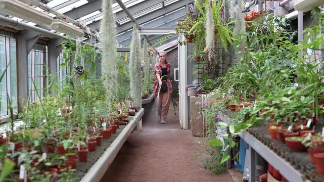 Professional female gardener walks through greenhouse pavilions watering plants and ground with hose, focused woman glasshouse employee caretaker spraying water over rows of plants in botanical garden