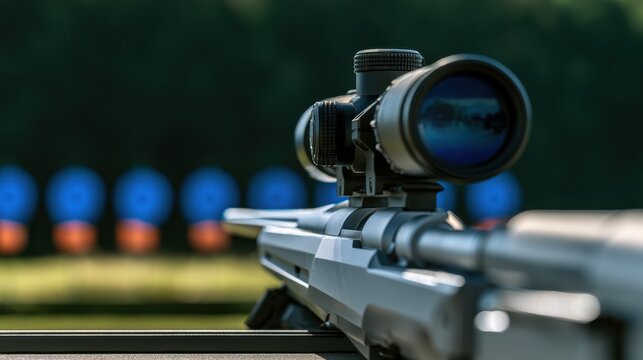 Sniper rifle positioned on a stand aiming at distant blue and orange archery targets on a sunny outdoor shooting range with greenery background