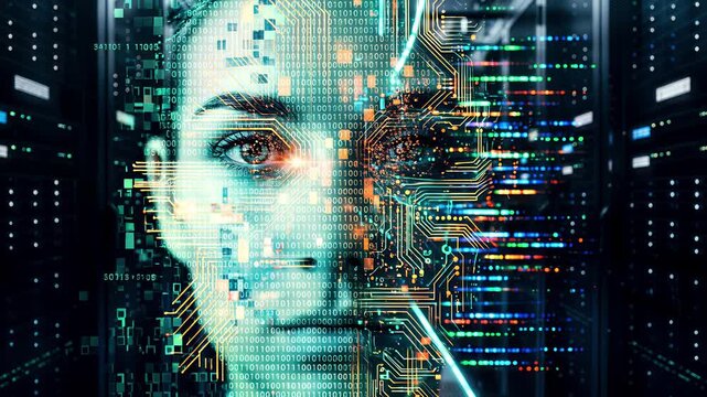 Futuristic digital face overlay with circuit patterns and binary code in server room. Lockdown shot of artificial intelligence concept.