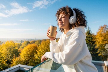 Fototapeta premium Young woman with curly hair wears white headphones, smiles on sunny terrace. Holds coffee mug enjoying music, autumn view. Relaxed female sitting on balcony with trees in golden forest background