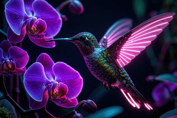 Fototapeta premium Cyberpunk hummingbird with glowing pink neon wings hovers near vibrant purple orchids. Futuristic mechanical bird flies in dark bio-digital garden. Synthetic fauna shows high tech details, neon light