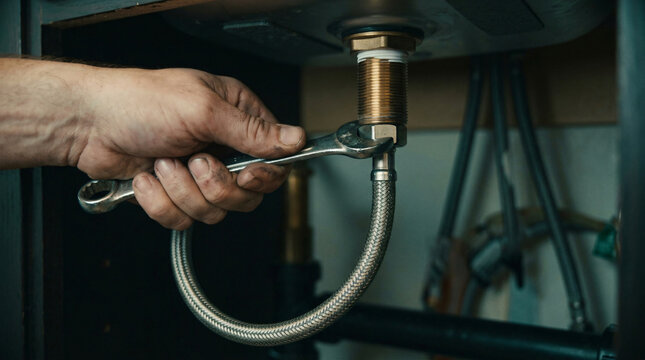 Skilled plumber hand using metallic double open end wrench spanner tool tightening flexible braided steel water supply hose pipe connector nut home kitchen repair photo