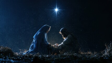 Fototapeta premium Nativity scene with Mary and Joseph watching the newborn under a bright Christmas star in a stable