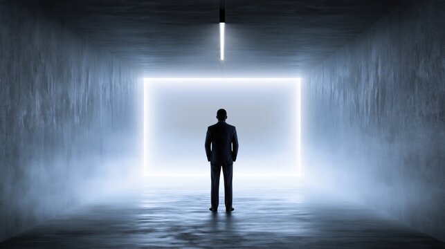 Man in a suit standing in a dimly lit foggy corridor facing a large glowing square light symbolizing futuristic technology or opportunity