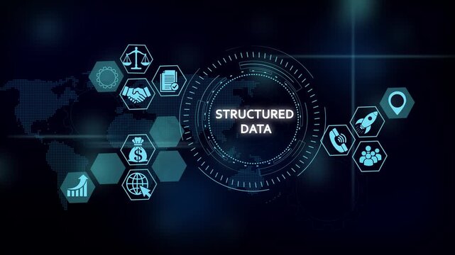 Structured data digital interface with global network icons and hud for business analytics and technology concepts