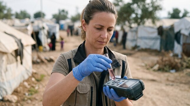 Environmental health professional testing water sample in refugee camp with portable device