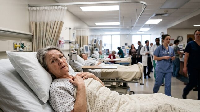 Elderly patient resting in busy hospital ward with exposed privacy curtain