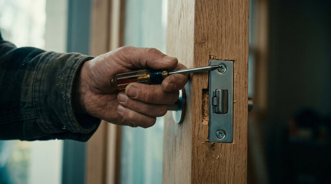 Carpenter hand using manual screwdriver tool tightening steel fastener screws onto modern metallic chrome door lock latch plate face wooden interior frame edge design