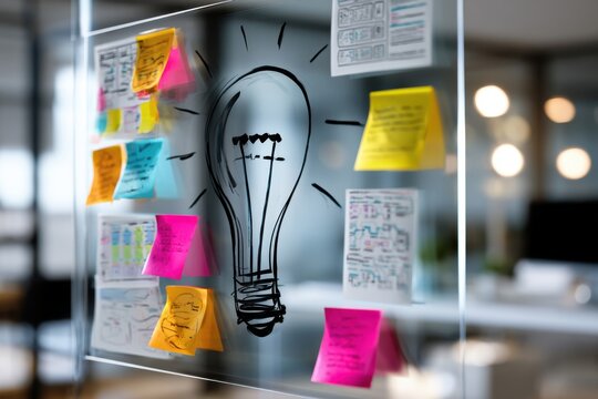 Colorful sticky notes and hand-drawn light bulb sketch on glass board illustrating creative brainstorming and innovative idea generation in modern office enviro