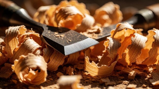 Close up of sharp metal wood chisel lying among curly wooden shavings. Carpentry tools, wood scraps on workshop table. Artisan craftsman manual work process for furniture making, wood carving, DIY