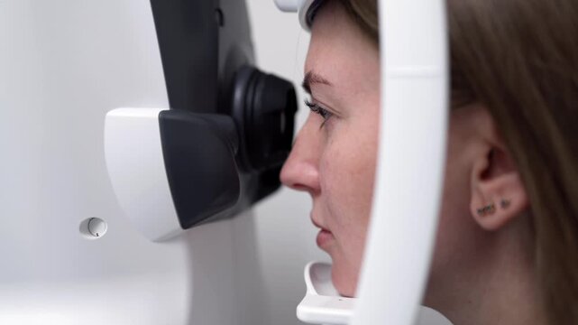 Patient undergoes a corneal examination with modern ophthalmology equipment. Concept eye health and vision assessment.