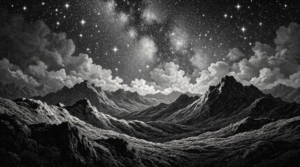Fototapeta premium Artistic black, white landscape painting shows starry night sky over rugged mountain terrain. Huge clouds float above dark peaks. Galaxy, cosmos shine with bright stars in deep space. Peaceful