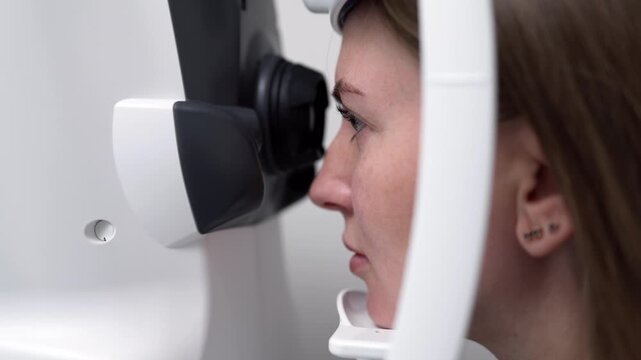 Patient undergoing corneal scanning during an ophthalmology examination to assess eye structure, vision and corneal health.
