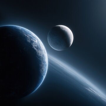 Earth and moon illuminated by sunlight with detailed cloud patterns and a dark space background showcasing a cosmic perspective of planetary bodies in the solar
