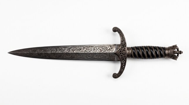 Ornate medieval dagger with detailed metal engraving and twisted handle isolated on white background