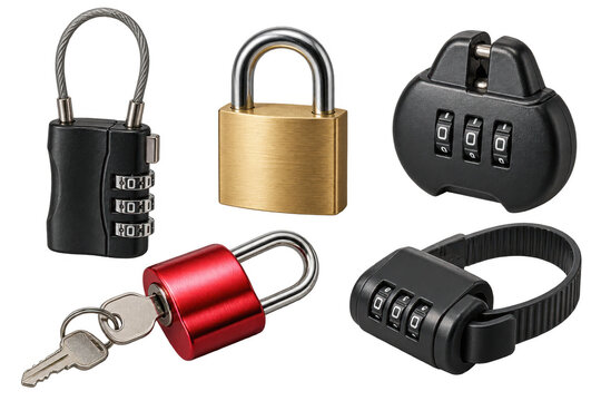 A collection of five different locks, including combination locks and a keyed lock with a key, all displayed against a white background Transparent Background. AI generative