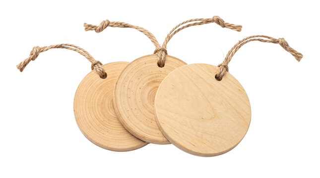 Rustic wooden gift tags with twine, set of 3 blank round wood slices for crafts, natural timber hanging labels for eco-friendly packaging isolated PNG with Transparent Background