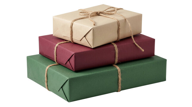 Rustic gift boxes stacked in green, burgundy, and kraft paper, eco-friendly holiday presents tied with twine, minimalist Christmas gift packaging isolated PNG with Transparent Background