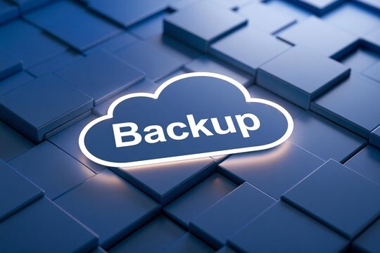 Cloud backup with glowing text on digital background