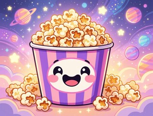 Fototapeta premium Cute cartoon popcorn bucket with happy smiling face. Character sits in magical galaxy background with colorful planets, stars, clouds. Fun snack illustration for cinema, movie night kids party.