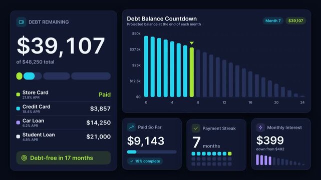 Financial Debt Repayment Dashboard Animating Monthly Progress and Balance Reduction, Dark Mode UI