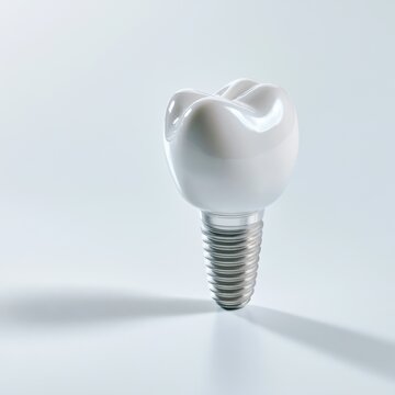 Detailed 3d rendering of a dental implant with a ceramic crown and titanium screw isolated on a white background with soft shadow and glossy finish