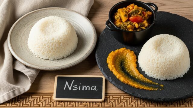 Traditional African nsima maize porridge and pumpkin leaf relish served on rustic dark stone with a mini chalkboard, basket weave pattern, and large negative space.