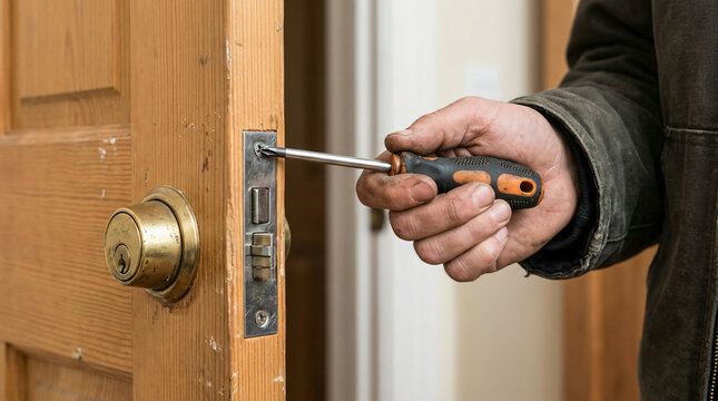 Locksmith hand using manual screwdriver tool tightening metal fastener screw brass cylinder door lock core mechanism block wooden interior frame edge safety hardware maintenance photo