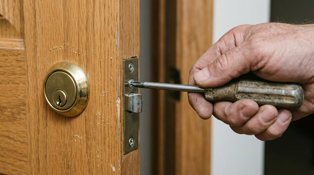 Locksmith hand using manual screwdriver tool tightening metal fastener screw brass cylinder door lock core mechanism block wooden interior frame edge safety hardware maintenance photo