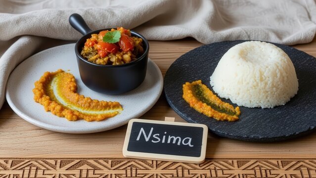 Traditional African nsima maize porridge and pumpkin leaf relish served on rustic dark stone with a mini chalkboard, basket weave pattern, and large negative space.