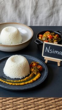 Traditional African nsima maize porridge and pumpkin leaf relish served on rustic dark stone with a mini chalkboard, basket weave pattern, and large negative space.