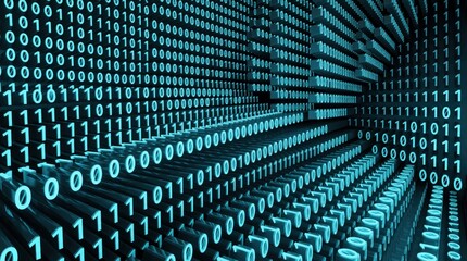 Fototapeta premium Abstract 3D render of blue binary code flowing through digital space. Glowing zeros, ones create deep tunnel effect. Background represents big data, cyber security, software programming, machine