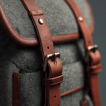 Stylish gray fabric and brown leather backpack straps with metal buckles showcasing exquisite craftsmanship and durable material design for everyday use