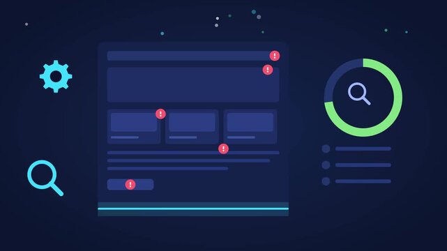 Website SEO optimization audit process video animation showing error checks and ranking progress meters for digital marketing