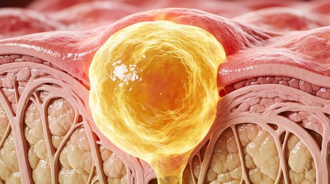 Cross section 3D illustration shows pus filled acne pustule under human skin layers. Infected pore forms large yellow abscess inside dermis tissue. Medical diagram explains skin inflammation,