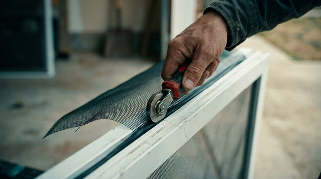 Installer handyman hand using plastic spline roller tool pressing packing black fiberglass mesh netting edge white aluminum window frame screen track channel layout photo