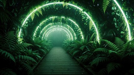 Fototapeta premium Wooden walkway leads through rich green tunnel with bright neon lights. Tropical plants, ferns create leafy archway in garden. Glowing green lamps illuminate forest path inside greenhouse