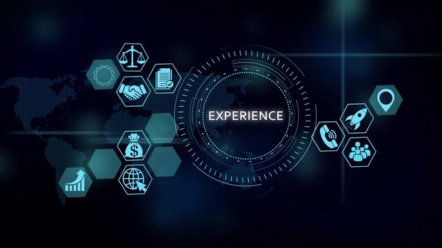 Digital customer experience hud interface with global business icons and data analytics motion digital transformation