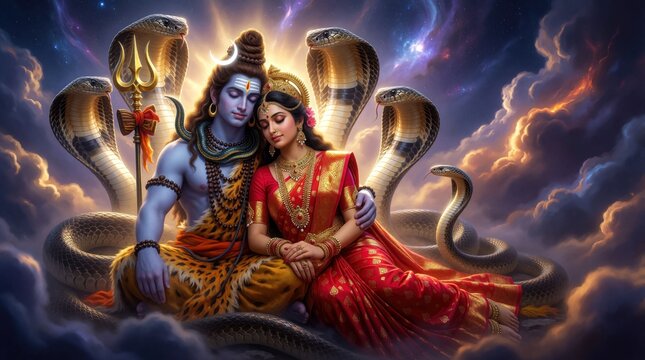 Indian deities Shiva, Parvati sit together amidst giant cobras in cloudy sky. Divine couple embraces in celestial heaven with trident weapon. Mythical gods pose with snakes, gold jewelry. Spiritual