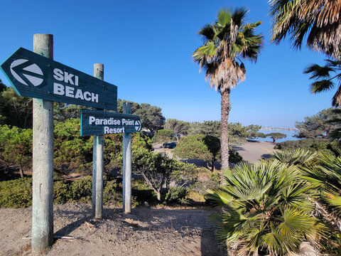 A coastal park scene in San Diego California featuring green wooden directional signs pointing toward local beach and resort destinations