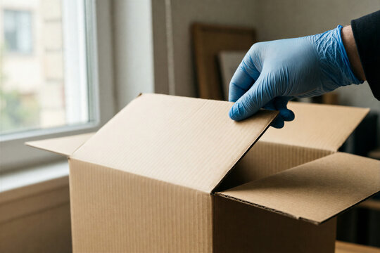 Person in blue gloves opening a cardboard box