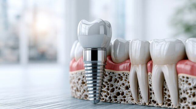 Detailed 3d illustration of dental implant integrated into jawbone with surrounding natural teeth and gums in a bright clinical environment