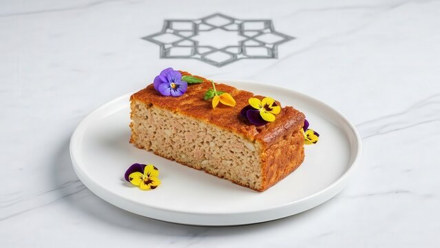 Traditional Maldivian Kulhi Boakibaa savory tuna and rice cake on white ceramic with edible flowers, white marble, and a graphite star-and-crescent lattice motif.