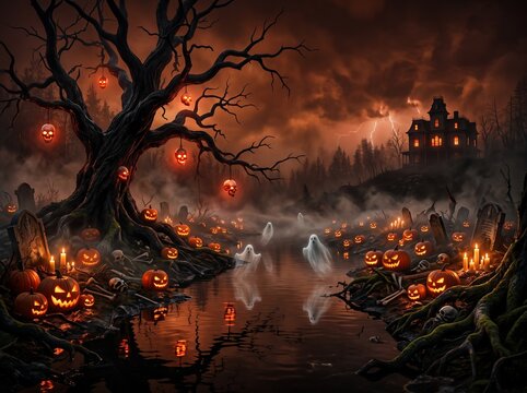 Paysage d'Halloween effrayant la nuit avec un &eacute;tang, des citrouilles lumineuses et des fant&ocirc;mes