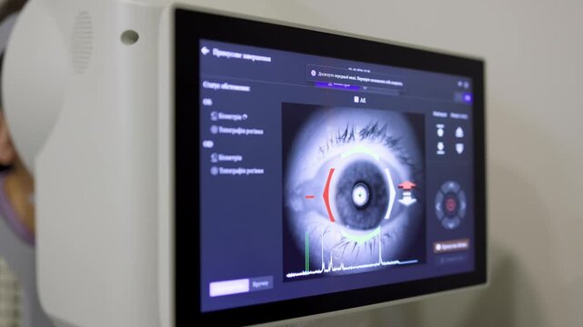 Automated vision testing device measures refractive parameters and supports ophthalmic eye examination. Concept digital diagnostics and eye health.