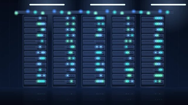 Futuristic data center server racks with blinking LED lights and glowing data cables, cloud infrastructure, 2D animation loop