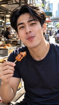 Man with comma hair reviewing street food outdoors