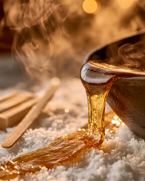 Hot maple taffy being poured in a thin stream onto clean white snow, with steam gently rising from it; a wooden stick rests nearby, ready to roll it up.