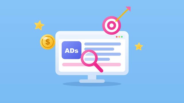Digital marketing strategy animation featuring search engine optimization targets and currency icons in vector motion
