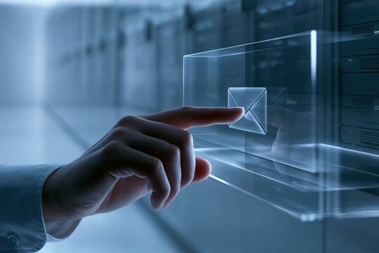 Human hand interacting with futuristic transparent digital interface displaying envelope icon representing modern communication and email technology in server e